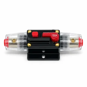 Inline DC circuit breaker with transparent housing and manual reset button