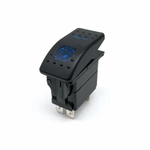 Automotive rocker switch with blue LED indicator for control panel