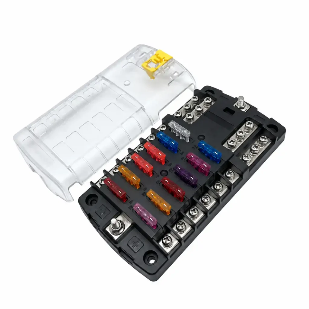 12 circuit ATO/ATC fuse block detail showing fuse positions, negative bus and LED indicators