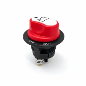 Panel Mount Battery Switch with red rotary knob and ON OFF indicator