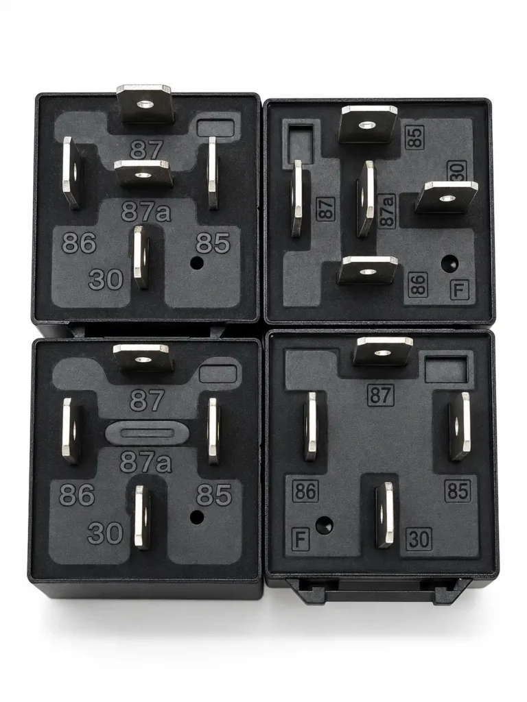 black 4 pin and 5 pin automotive relays showing different terminal configurations