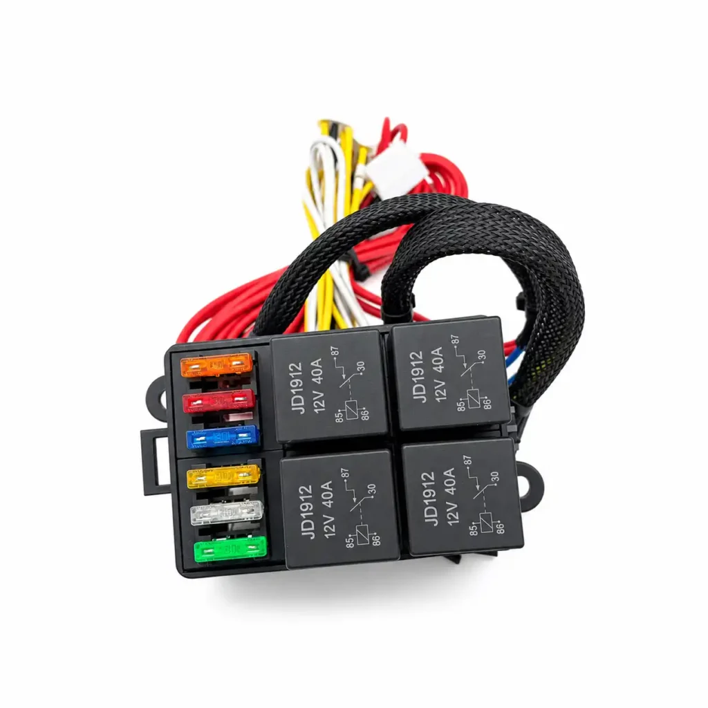 pre-wired automotive relay fuse box detail showing four 12V 40A relays and six blade fuse positions