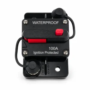 Waterproof DC circuit breaker detail showing reset button and terminal connection structure