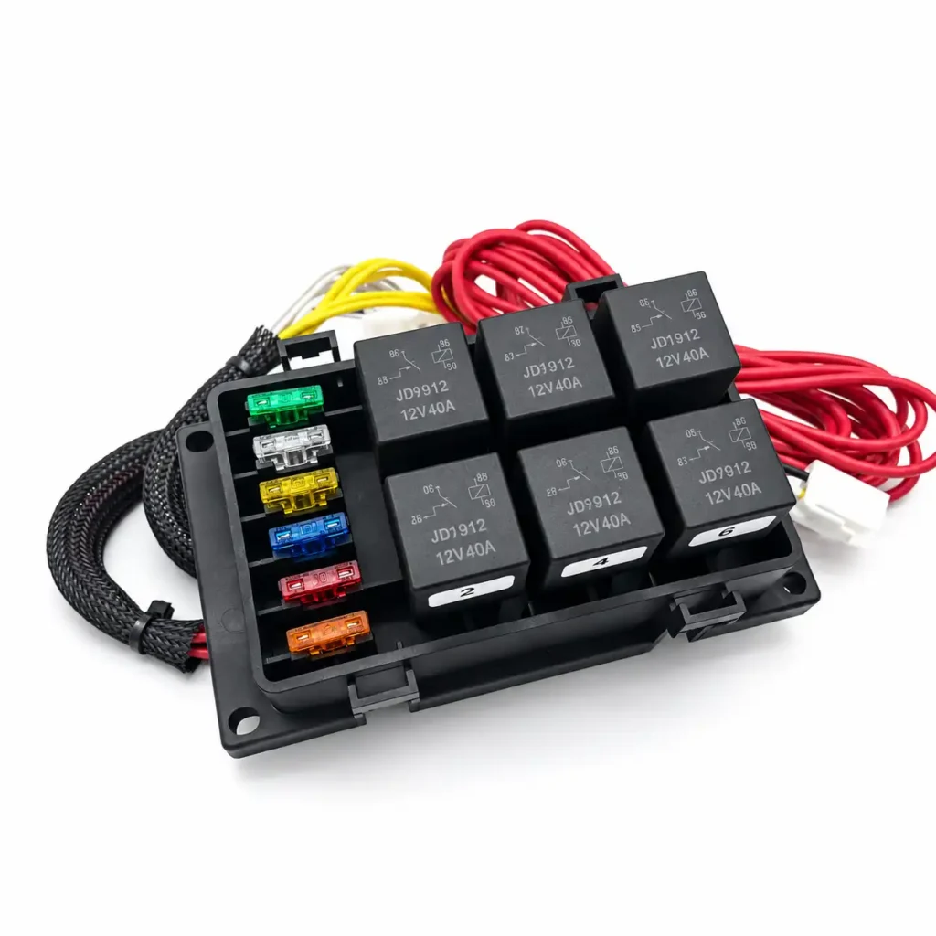 pre-wired 12V relay box detail showing six 40A relays and six blade fuse positions