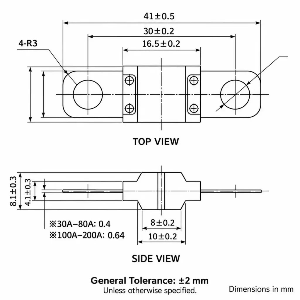ANS fuse mechanical dimension drawing for automotive applications