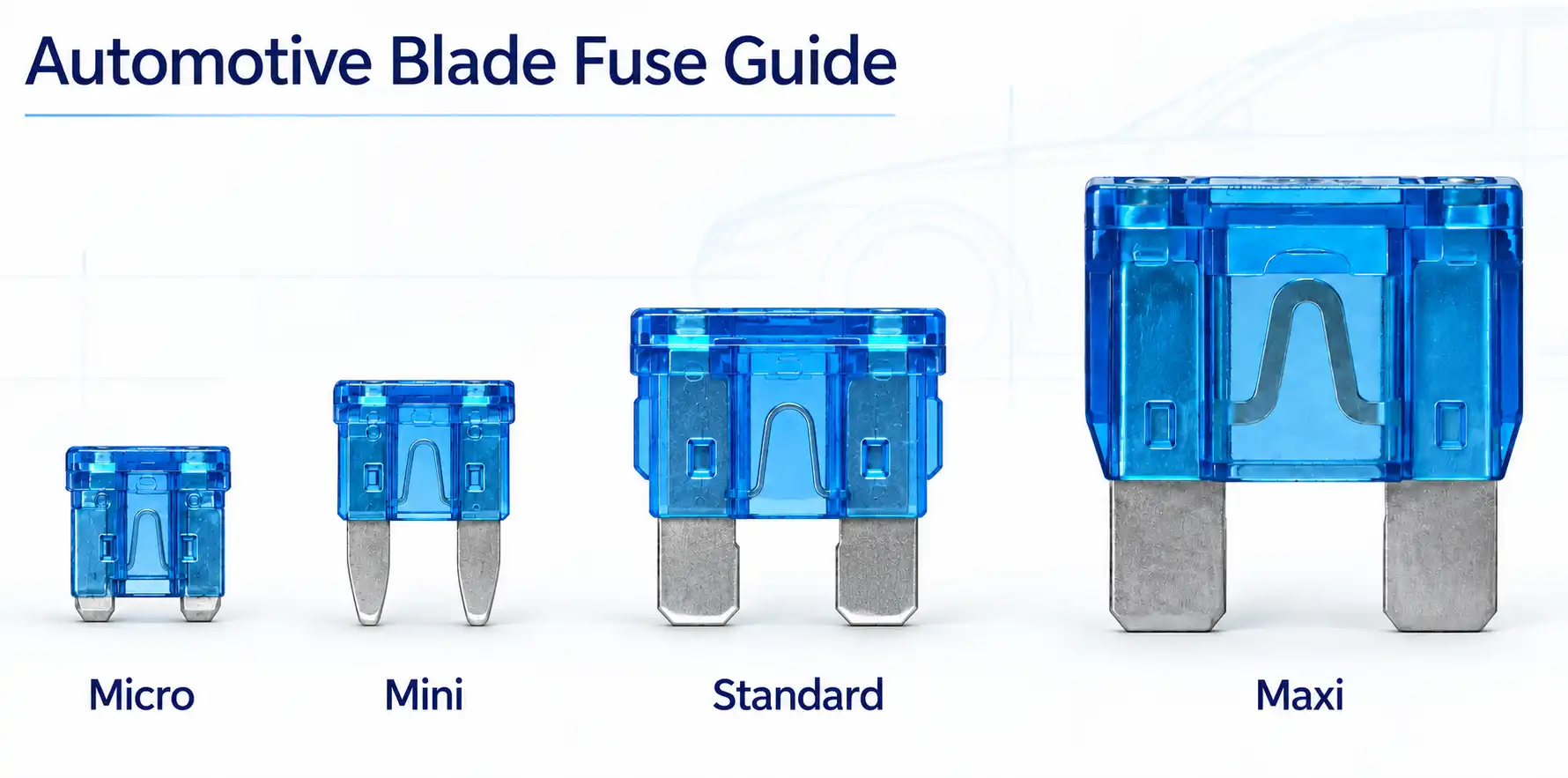 Automotive blade fuse guide comparing Micro Mini Standard and Maxi blade fuse formats