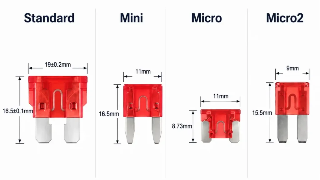 automotive blade fuse dimensions comparison drawing with micro mini standard and maxi sizes