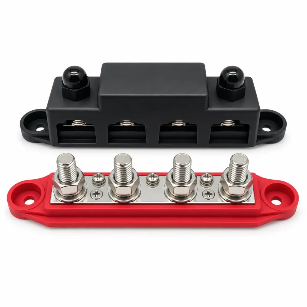 4 Pole Battery Bus Bar terminal detail showing covered stud connection design