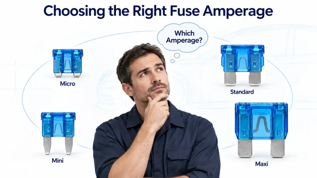 Automotive fuse amperage guide showing how to choose the correct fuse rating for circuit protection