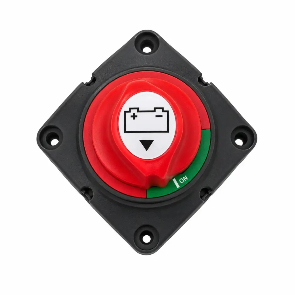 side view of battery disconnect switch with rotary ON OFF control