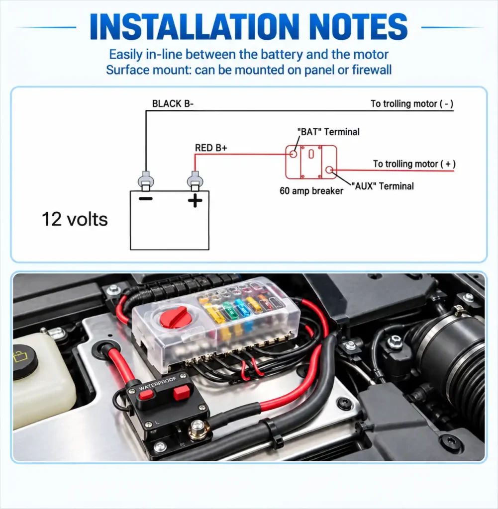 Waterproof DC circuit breaker installed in automotive electrical system for circuit protection