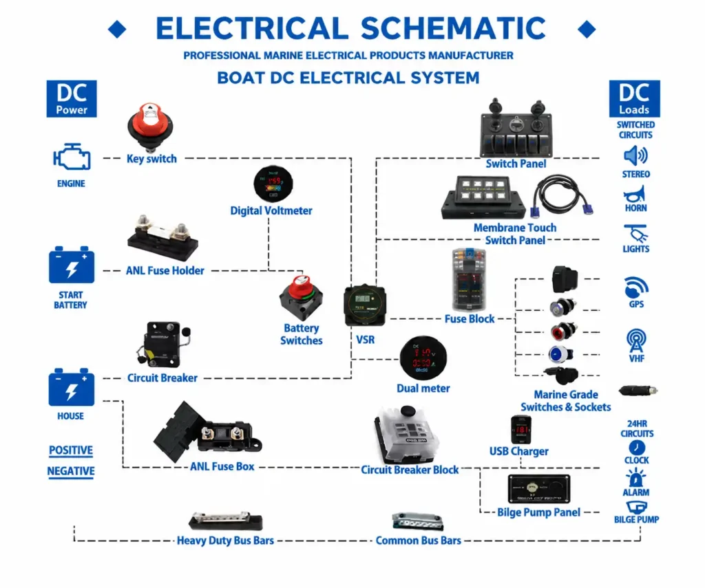 marine DC power distribution system with battery switch and circuit protection components