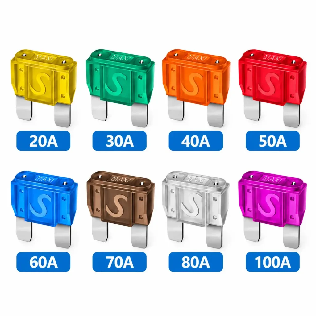 maxi blade fuse color and current rating chart from 20A to 100A
