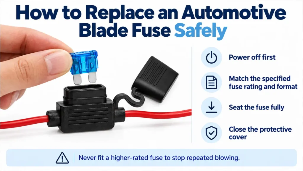 Automotive blade fuse replacement guide for safe vehicle fuse replacement