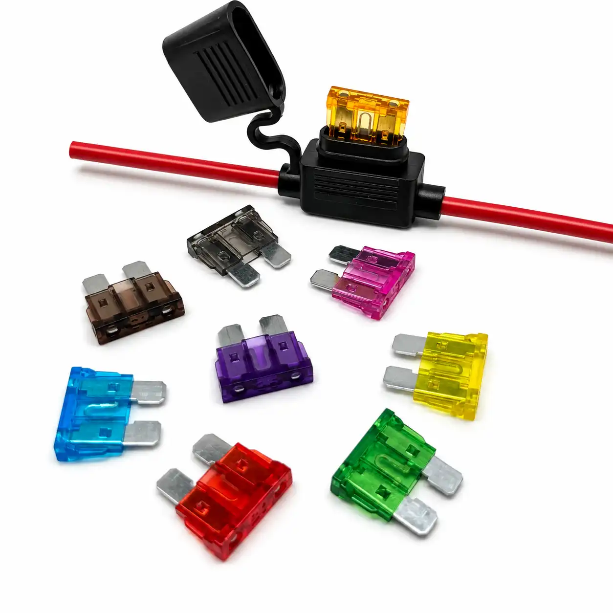Waterproof standard blade fuse holder with red wire and protective cover