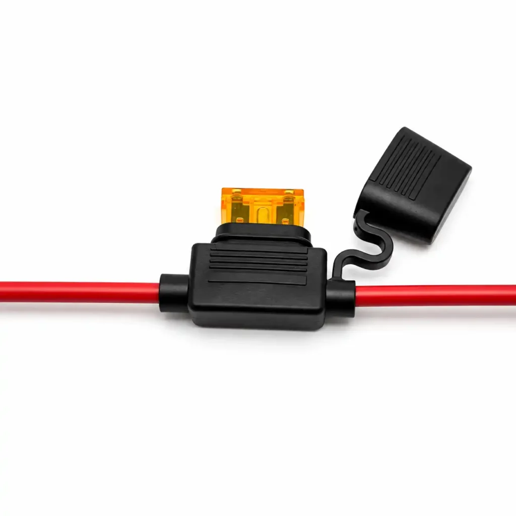 Waterproof standard blade fuse holder with red wire and protective cover